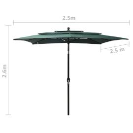 Umbrelă de soare 3 niveluri, stâlp aluminiu, verde, 2,5x2,5 m, 8 image
