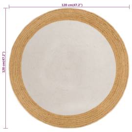 Covor împletit, alb și natural, 120 cm, iută și bumbac, rotund, 6 image