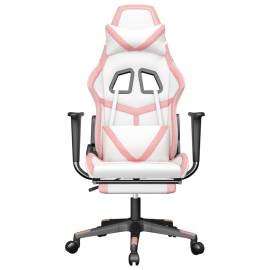 Scaun de gaming cu suport picioare, alb/roz, piele ecologică, 3 image