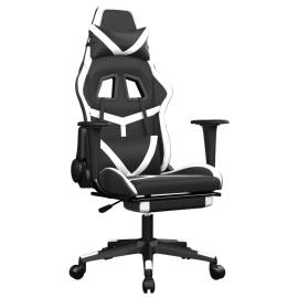 Scaun de gaming masaj/suport picioare alb/negru piele eco, 2 image