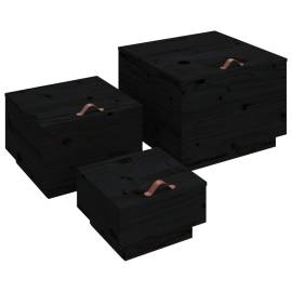 Cutii de depozitare cu capace 3 buc. negru lemn masiv de pin, 2 image