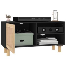Comodă tv, negru, 80x30x40 cm, lemn masiv pin și ratan natural, 3 image