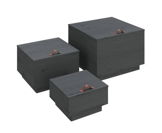 Cutii de depozitare cu capace 3 buc., gri, lemn masiv de pin, 2 image