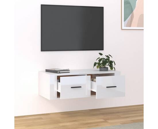 Dulap tv suspendat, alb extralucios, 80x36x25 cm, lemn compozit, 3 image