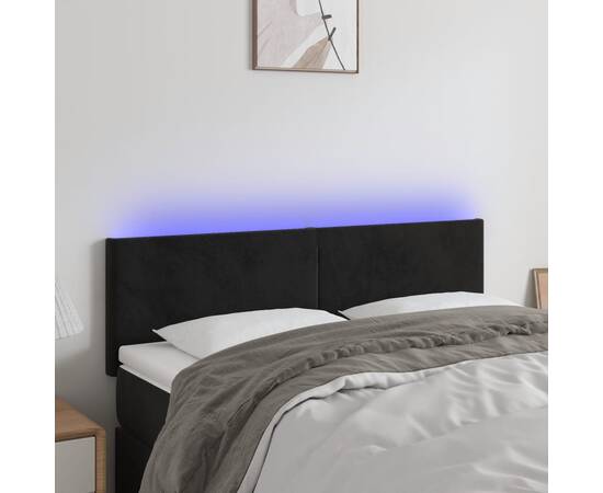 Tăblie de pat cu led, negru, 144x5x78/88 cm, catifea