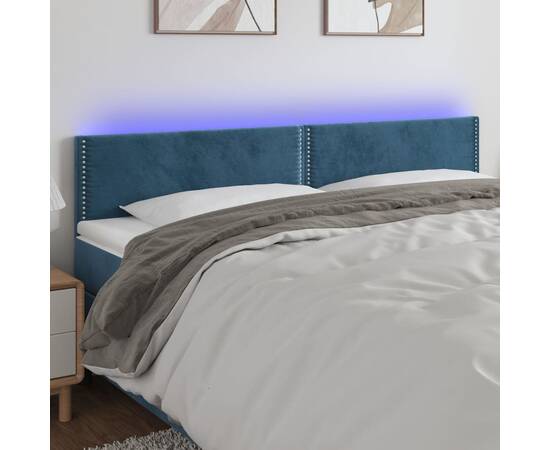 Tăblie de pat cu led, albastru închis, 160x5x78/88 cm, catifea