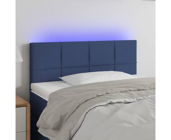 Tăblie de pat cu led, albastru, 100x5x78/88 cm, textil