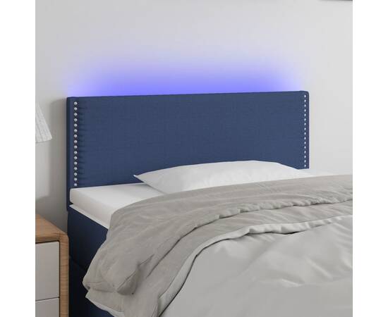 Tăblie de pat cu led, albastru, 90x5x78/88 cm, textil