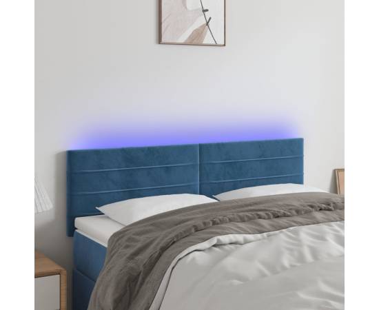 Tăblie de pat cu led, albastru închis, 144x5x78/88 cm, catifea
