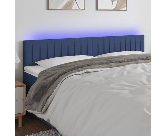 Tăblie de pat cu led, albastru, 200x5x78/88 cm, textil