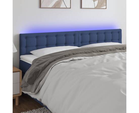 Tăblie de pat cu led, albastru, 200x5x78/88 cm, textil