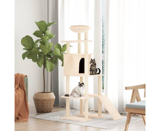 Ansamblu de pisici cu stâlpi din funie de sisal, crem, 166 cm