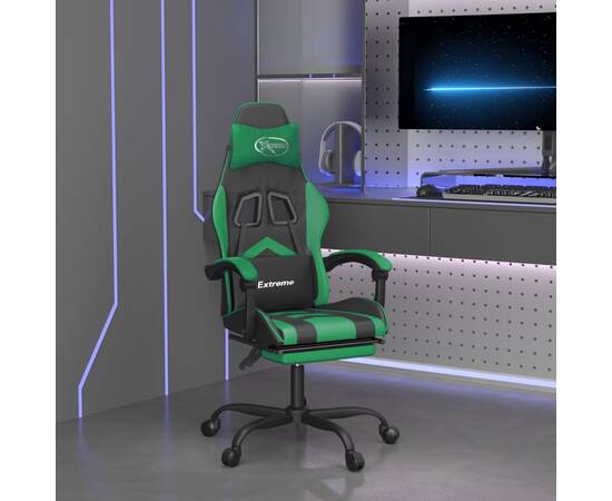 Scaun de gaming cu suport picioare negru/verde, piele ecologică