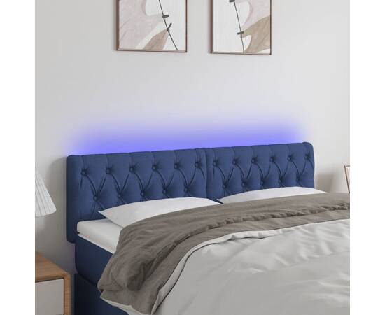 Tăblie de pat cu led, albastru, 144x7x78/88 cm, textil