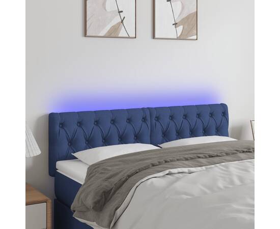 Tăblie de pat cu led, albastru, 160x7x78/88 cm, textil