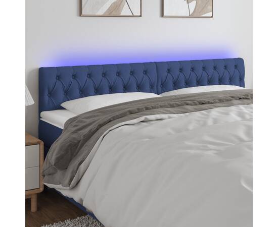 Tăblie de pat cu led, albastru, 180x7x78/88 cm, textil