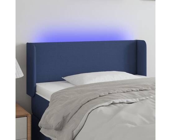 Tăblie de pat cu led, albastru, 103x16x78/88 cm, textil