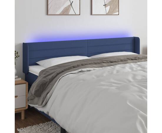 Tăblie de pat cu led, albastru, 183x16x78/88 cm, textil