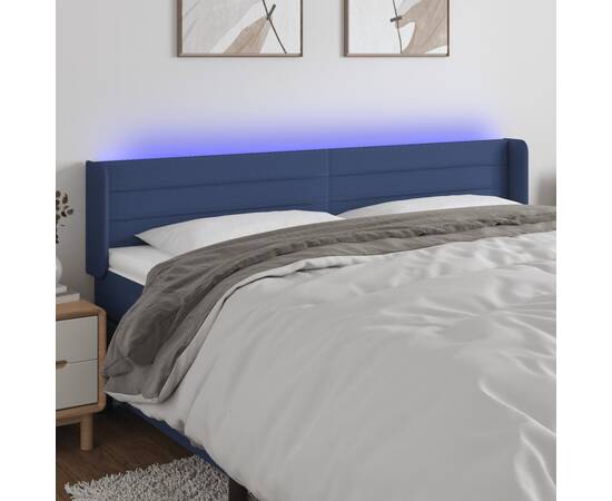 Tăblie de pat cu led, albastru, 203x16x78/88 cm, textil