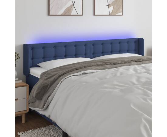 Tăblie de pat cu led, albastru, 203x16x78/88 cm, textil