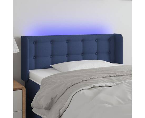 Tăblie de pat cu led, albastru, 93x16x78/88 cm, textil