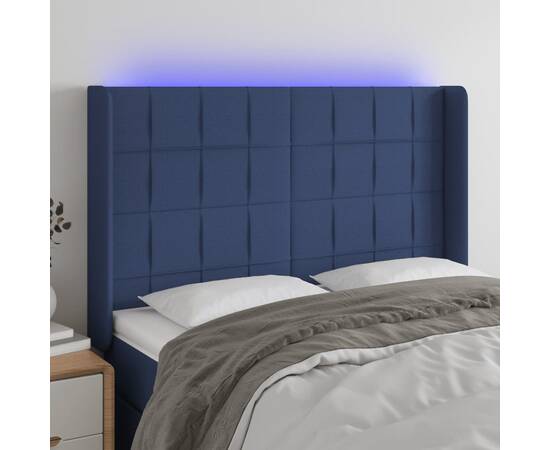 Tăblie de pat cu led, albastru, 147x16x118/128 cm, textil