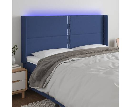 Tăblie de pat cu led, albastru, 203x16x118/128 cm, textil