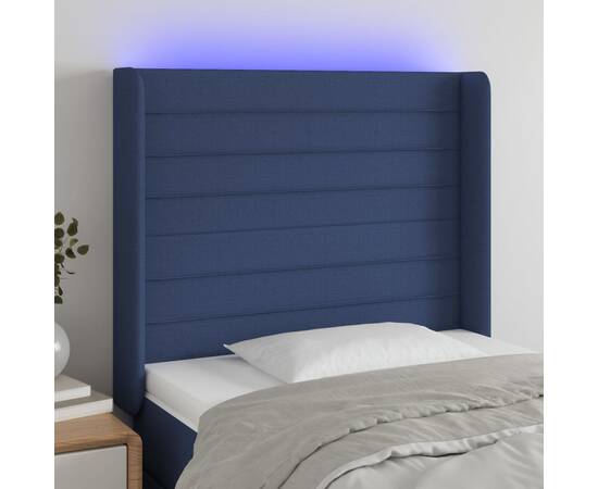 Tăblie de pat cu led, albastru, 83x16x118/128 cm, textil