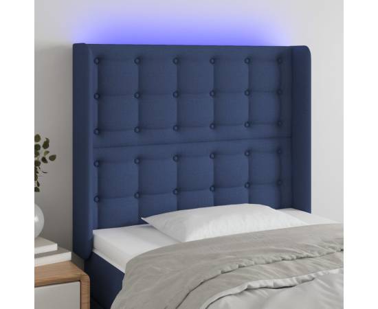 Tăblie de pat cu led, albastru, 83x16x118/128 cm, textil