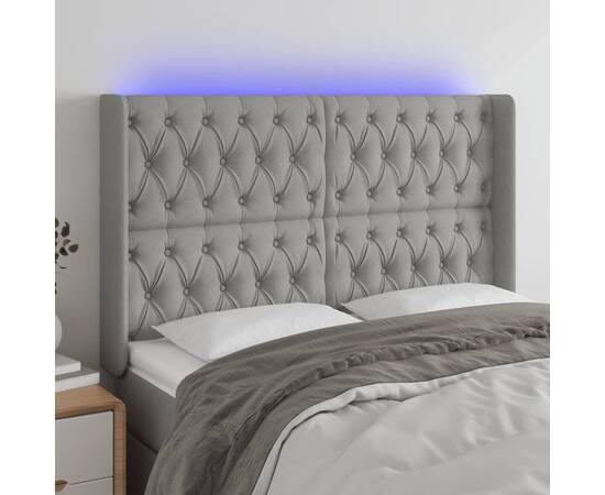 Tăblie de pat cu led, gri deschis, 147x16x118/128 cm, textil