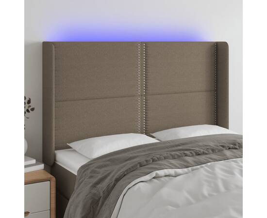 Tăblie de pat cu led, gri taupe, 147x16x118/128 cm, textil