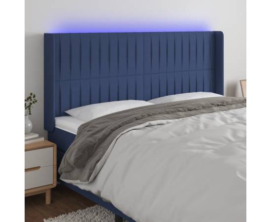 Tăblie de pat cu led, albastru, 163x16x118/128 cm, textil