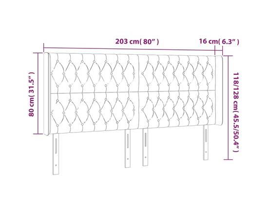 Tăblie de pat cu led, gri deschis, 203x16x118/128 cm, textil, 6 image