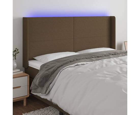 Tăblie de pat cu led, maro închis, 203x16x118/128 cm, textil