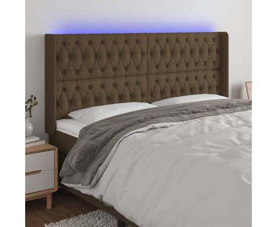 Tăblie de pat cu led, maro închis, 203x16x118/128 cm, textil