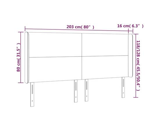 Tăblie de pat cu led, maro închis, 203x16x118/128 cm, textil, 6 image