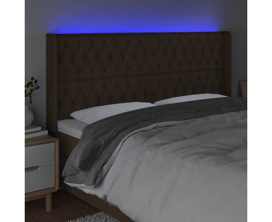 Tăblie de pat cu led, maro închis, 203x16x118/128 cm, textil, 4 image