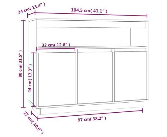 Servantă, alb, 104,5x34x80 cm, lemn masiv de pin, 10 image