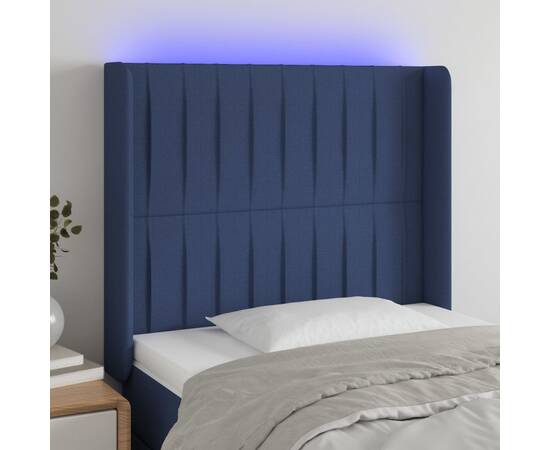 Tăblie de pat cu led, albastru, 103x16x118/128 cm, textil