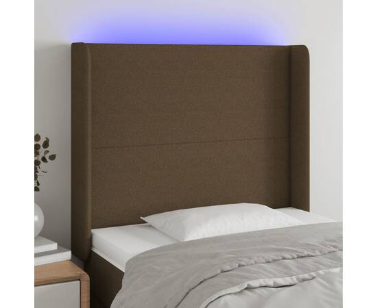 Tăblie de pat cu led, maro închis, 83x16x118/128 cm, textil