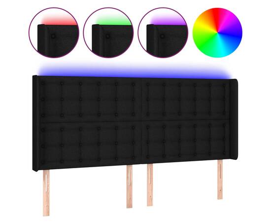 Tăblie de pat cu led, negru, 203x16x118/128 cm, textil, 2 image