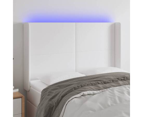 Tăblie de pat cu led, alb, 147x16x118/128 cm, piele ecologică