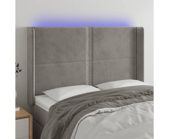 Tăblie de pat cu led, gri deschis, 147x16x118/128 cm, catifea