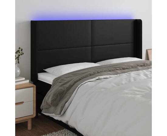 Tăblie de pat cu led, negru, 163x16x118/128 cm, piele ecologică