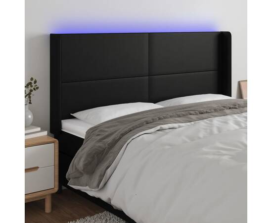 Tăblie de pat cu led, negru, 203x16x118/128 cm, piele ecologică