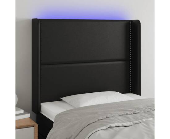 Tăblie de pat cu led, negru, 83x16x118/128 cm, piele ecologică