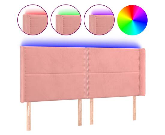 Tăblie de pat cu led, roz, 203x16x118/128 cm, catifea, 2 image