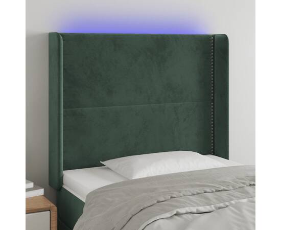 Tăblie de pat cu led, verde închis, 93x16x118/128cm, catifea