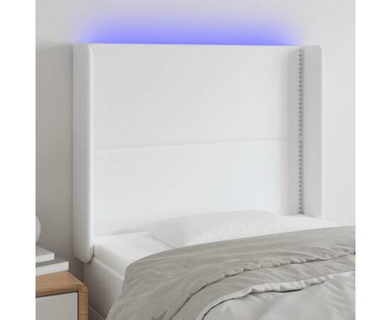Tăblie de pat cu led, alb, 93x16x118/128 cm, piele ecologică