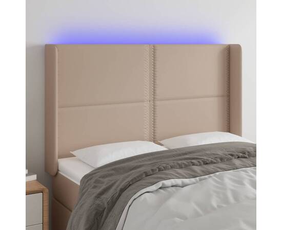 Tăblie de pat cu led, cappuccino, 147x16x118/128 cm, piele eco